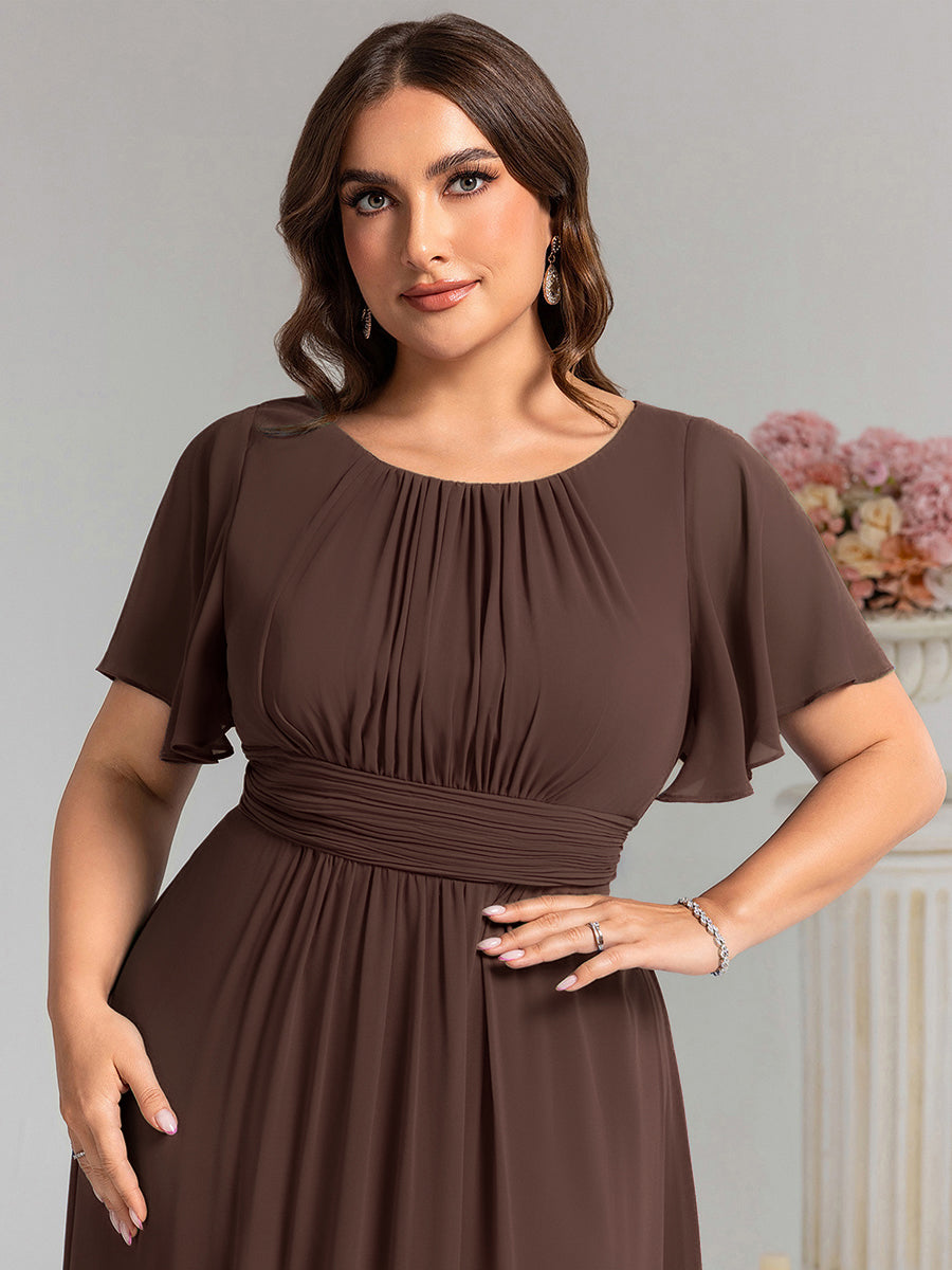 Robe de demoiselle d'honneur trapèze plissée en mousseline de soie simple, encolure ronde #Couleur_Teal Marron Espresso