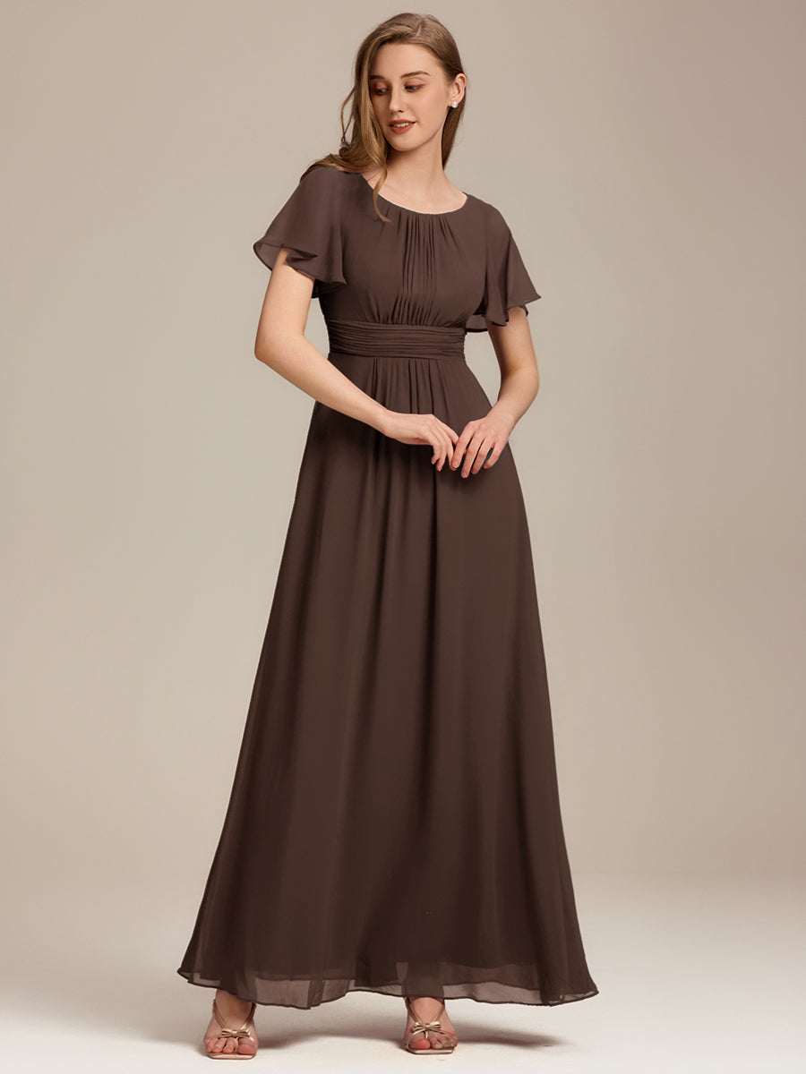 Robe de demoiselle d'honneur trapèze plissée en mousseline de soie simple, encolure ronde #Couleur_Teal Marron Espresso