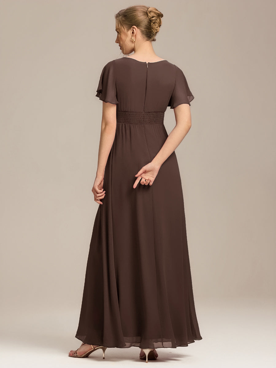Robe de demoiselle d'honneur trapèze plissée en mousseline de soie simple, encolure ronde #Couleur_Teal Marron Espresso