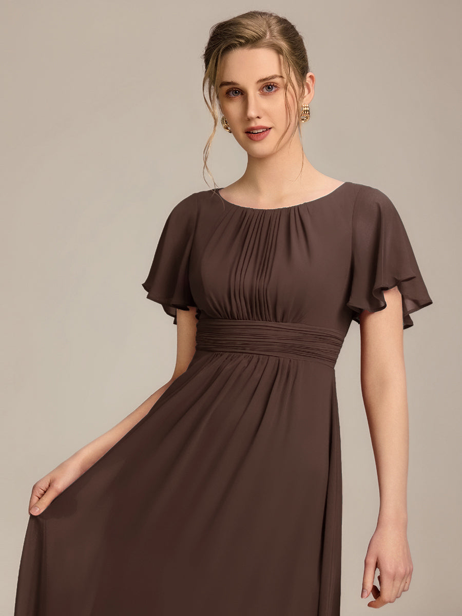 Robe de demoiselle d'honneur trapèze plissée en mousseline de soie simple, encolure ronde #Couleur_Teal Marron Espresso