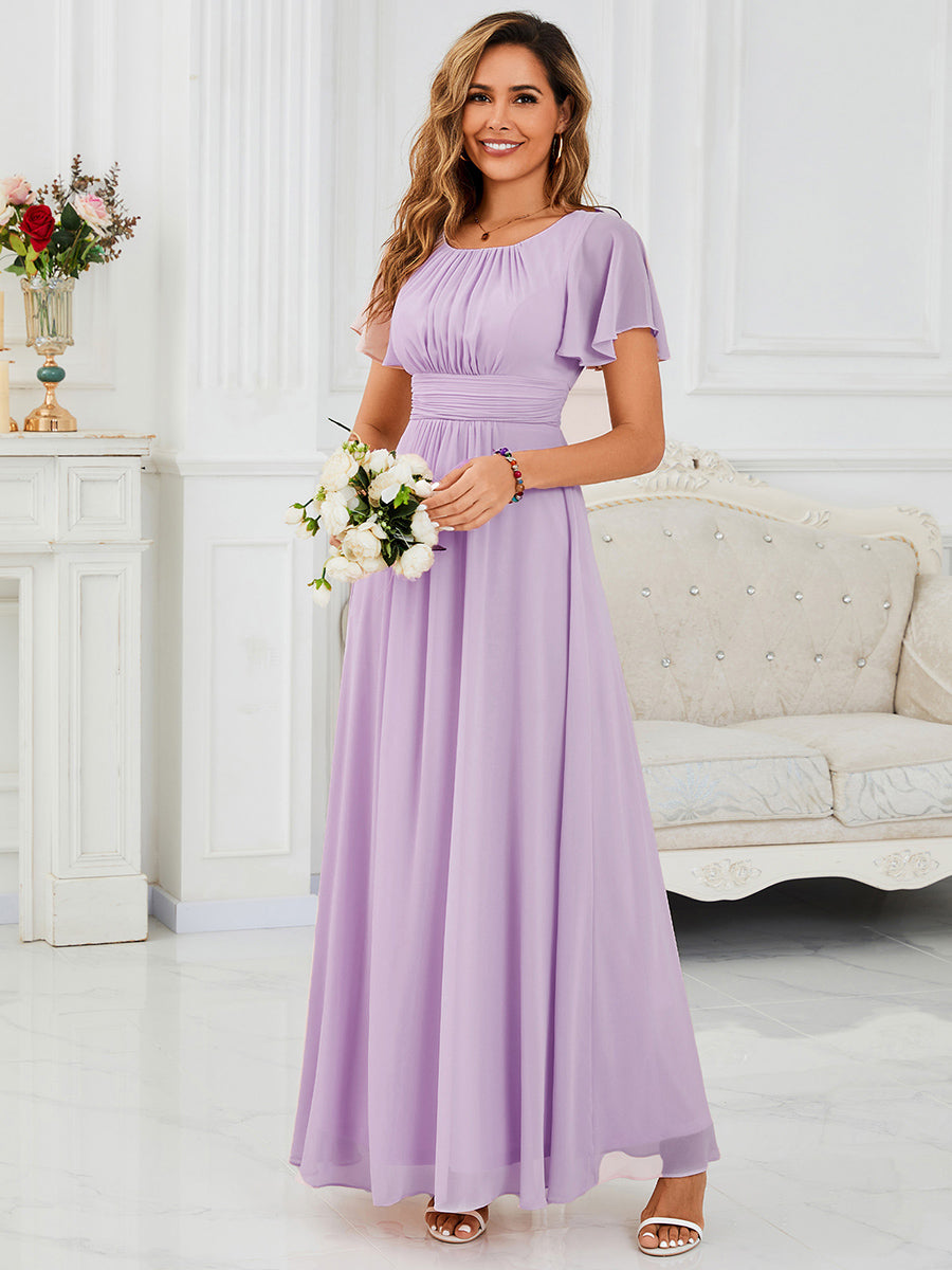 Robe de demoiselle d'honneur trapèze plissée en mousseline de soie simple, encolure ronde #Couleur_Lilas Givré