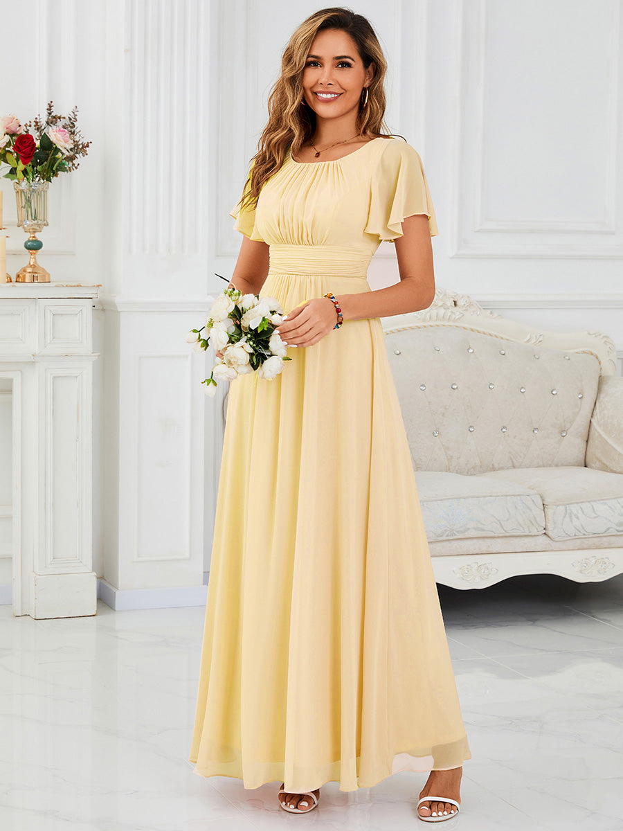 Robe de demoiselle d'honneur trapèze plissée en mousseline de soie simple, encolure ronde #Couleur_Jaune