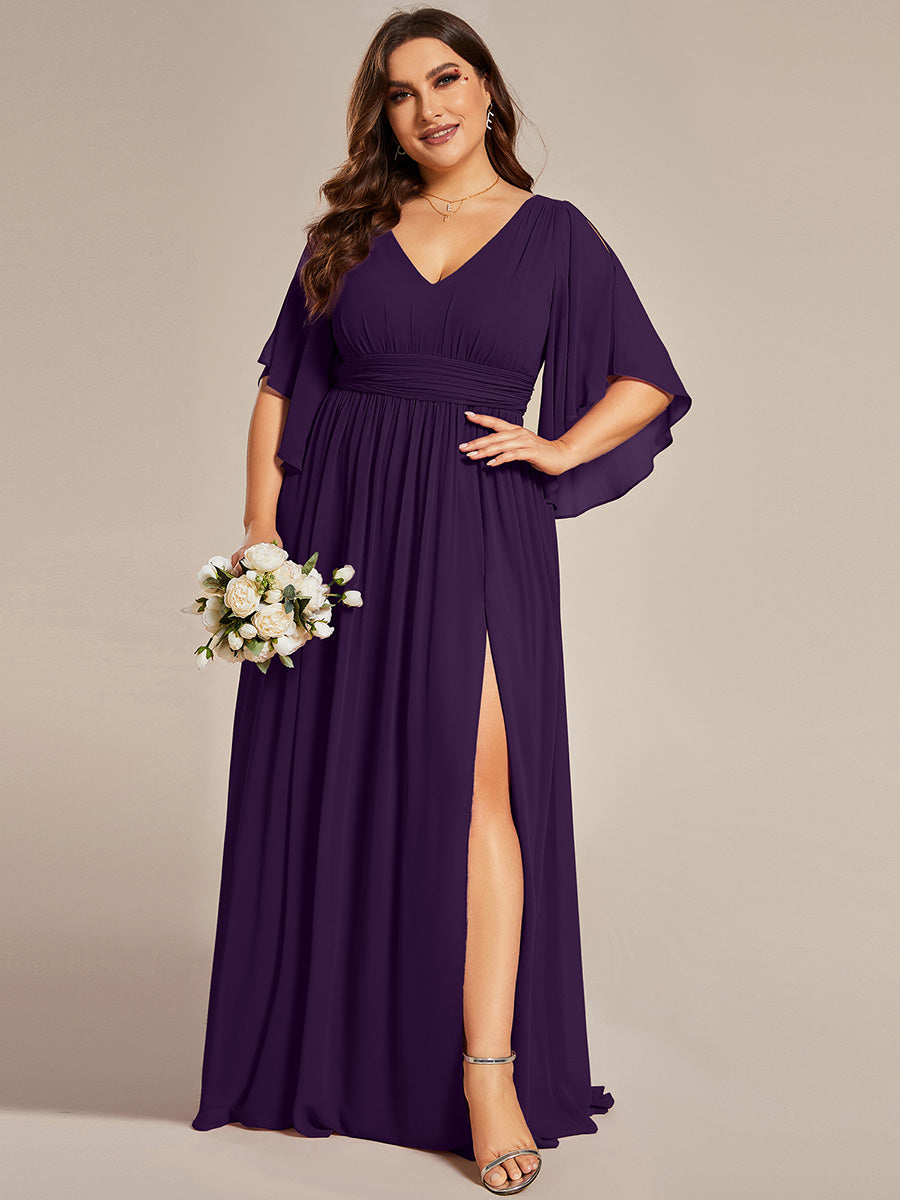 Charmante Robe De Demoiselle D'honneur Plissée À Manches Lanternes En Mousseline De Soie Et Taille Haute #Couleur_Violet Fonce