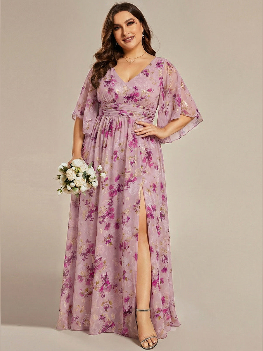 Robe Curvy en mousseline plissée Col V manches mi-longues #Couleur_Imprimé Violet Clair