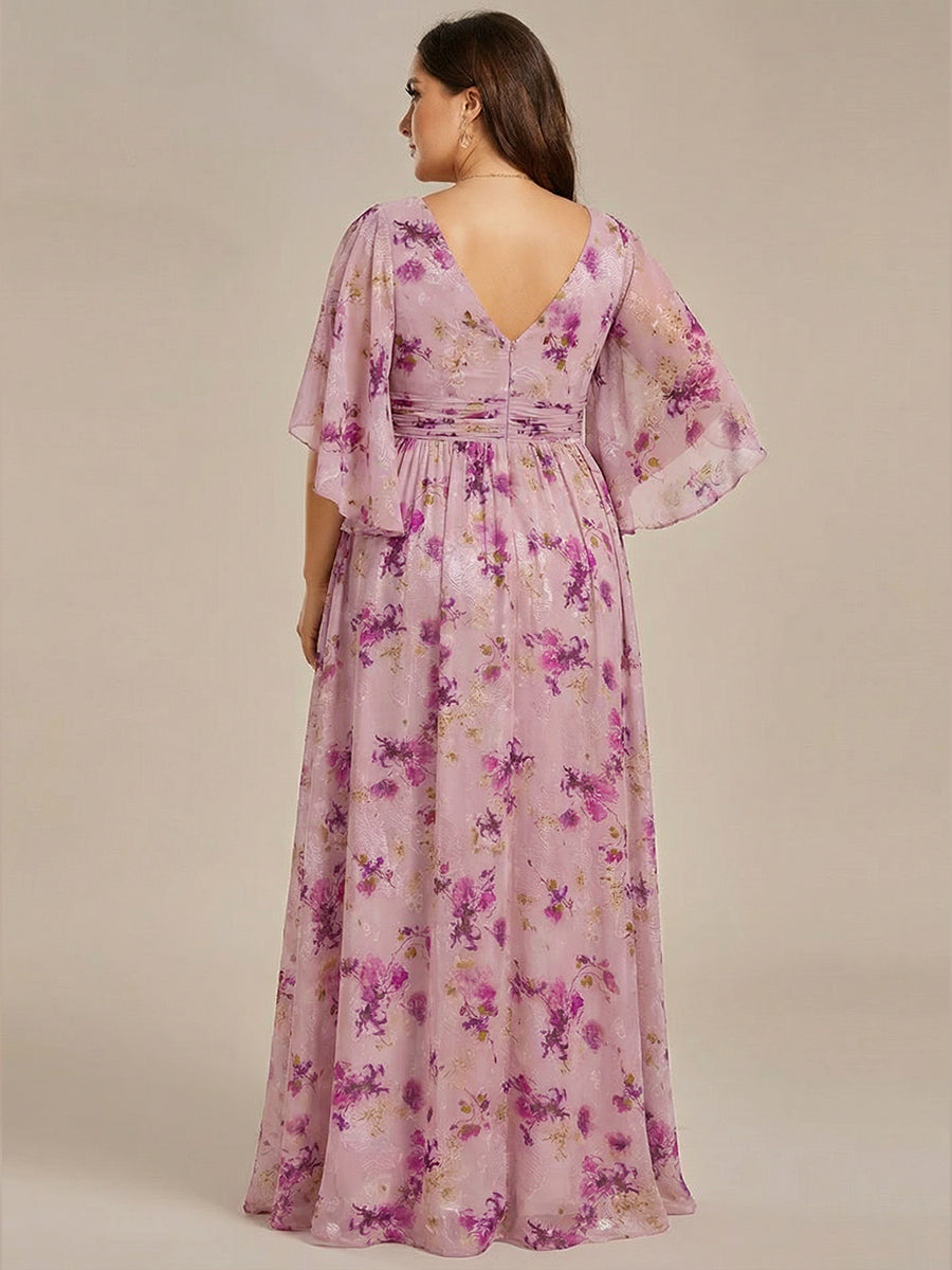 Robe Curvy en mousseline plissée Col V manches mi-longues #Couleur_Imprimé Violet Clair