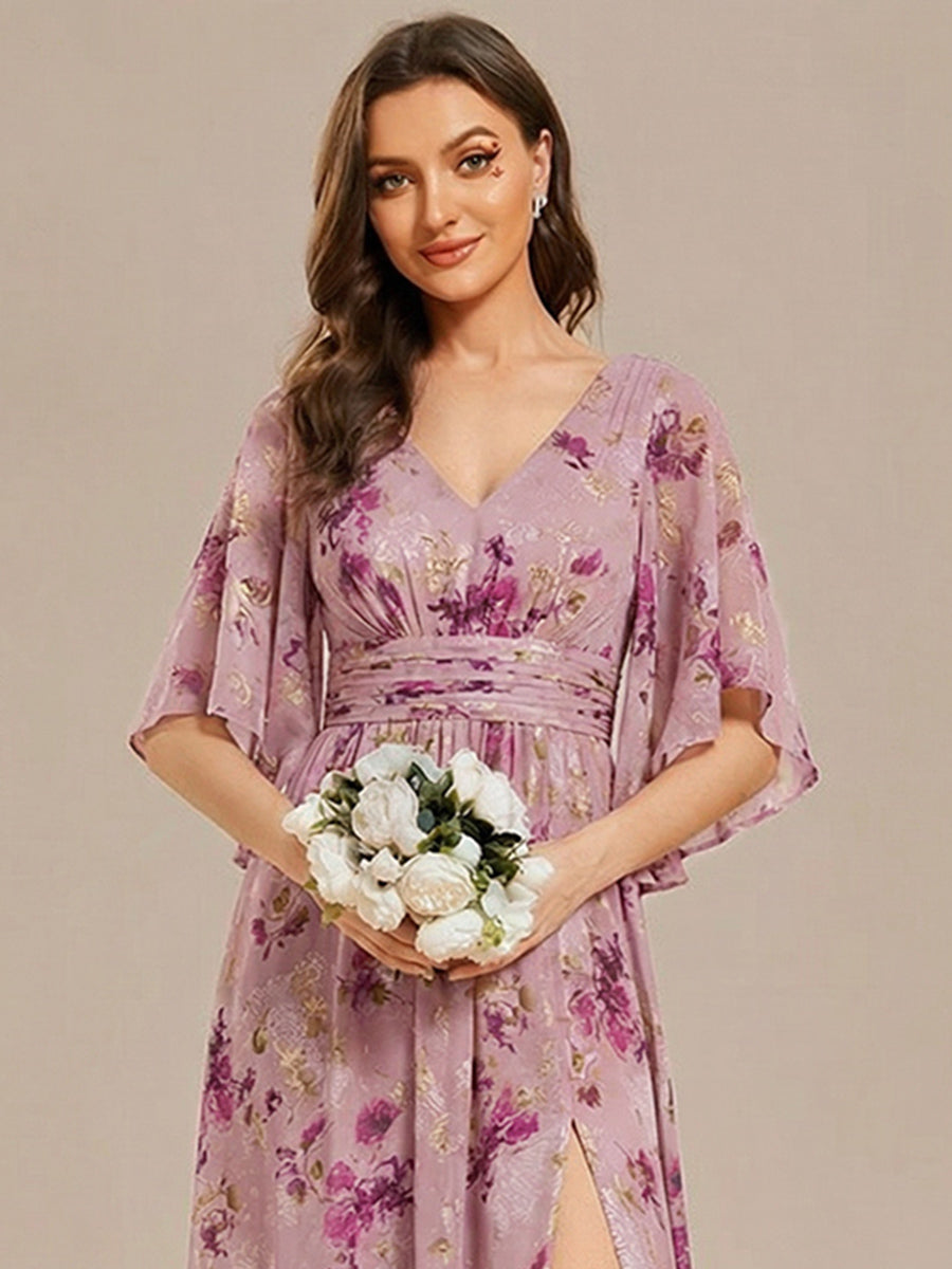 Robe Curvy en mousseline plissée Col V manches mi-longues #Couleur_Imprimé Violet Clair