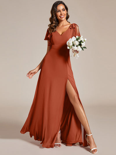 ever ROSY|Robe de demoiselle d'honneur trapèze en mousseline à manches courtes avec fente haute sur le devant