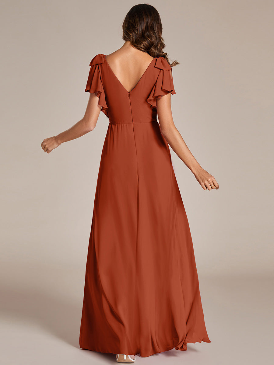 Robe de demoiselle d'honneur trapèze en mousseline à manches courtes avec n?ud papillon et fente haute sur le devant #Couleur_Burnt Orange