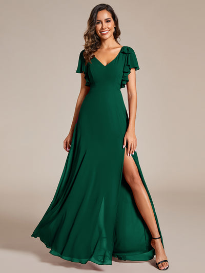 ever ROSY|Robe de demoiselle d'honneur trapèze en mousseline à manches courtes avec fente haute sur le devant
