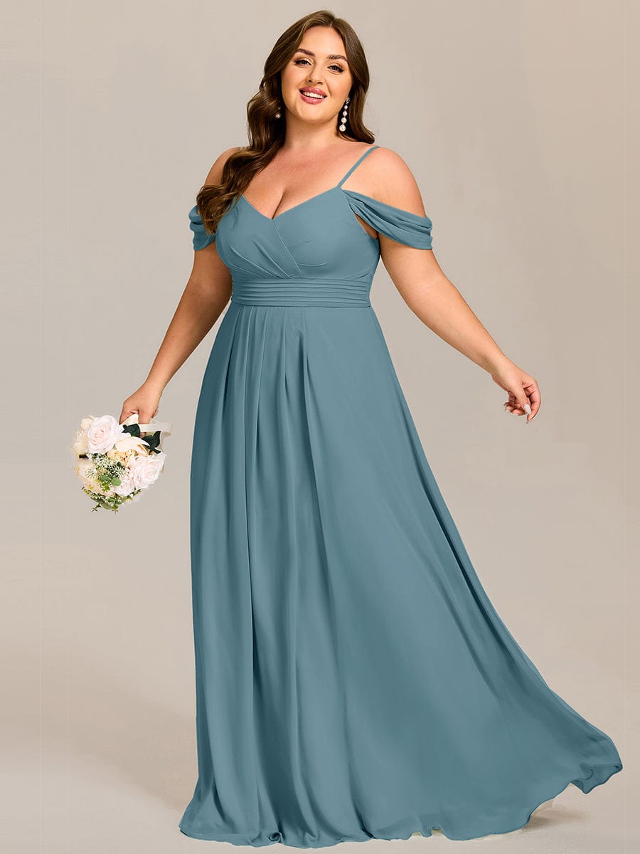 Robe d'invité de mariage trapèze en mousseline fluide à encolure ronde et longueur au genou #Couleur_Bleu Fume