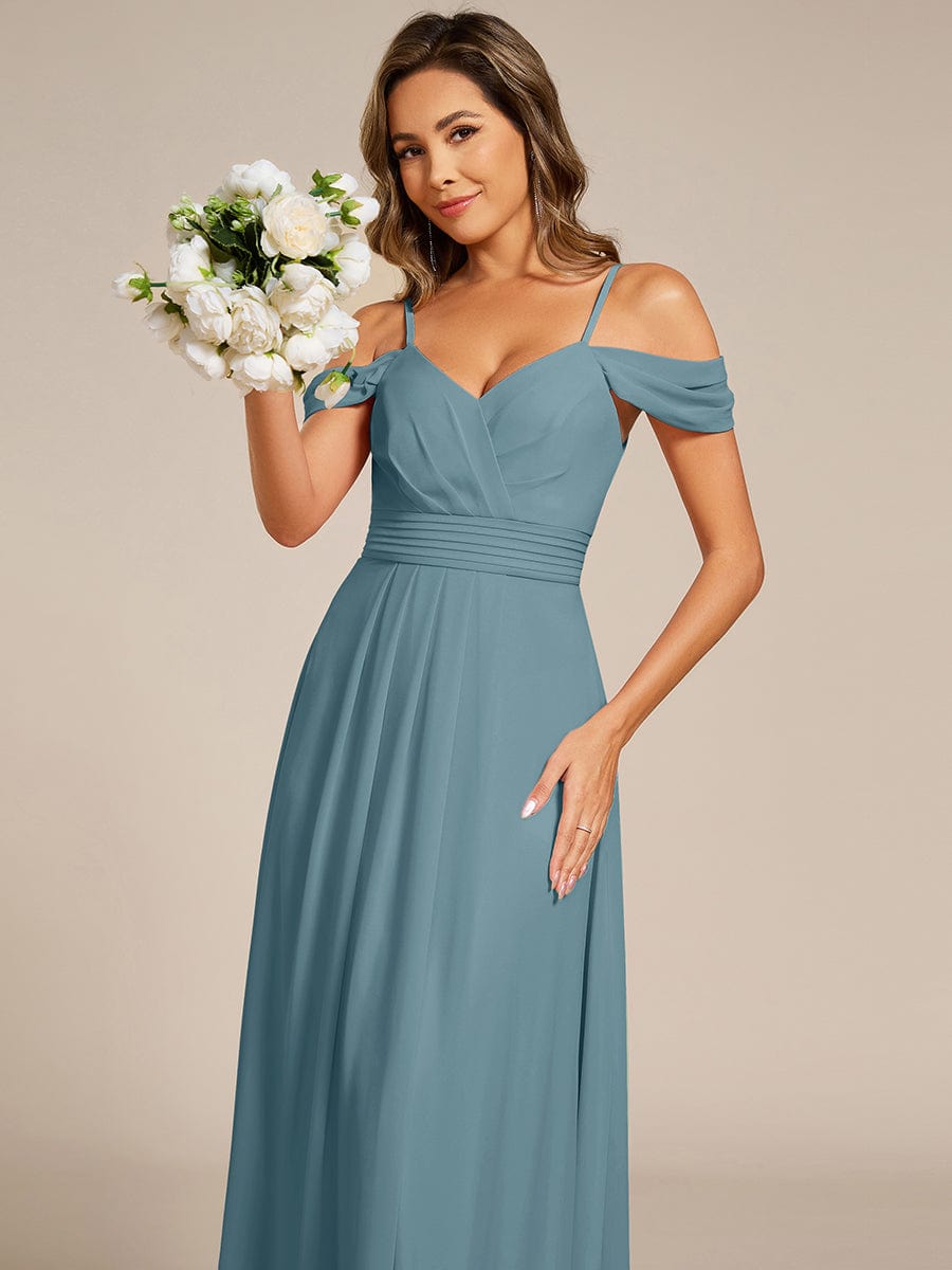 Robe d'invité de mariage trapèze en mousseline fluide à encolure ronde et longueur au genou #Couleur_Bleu Fume