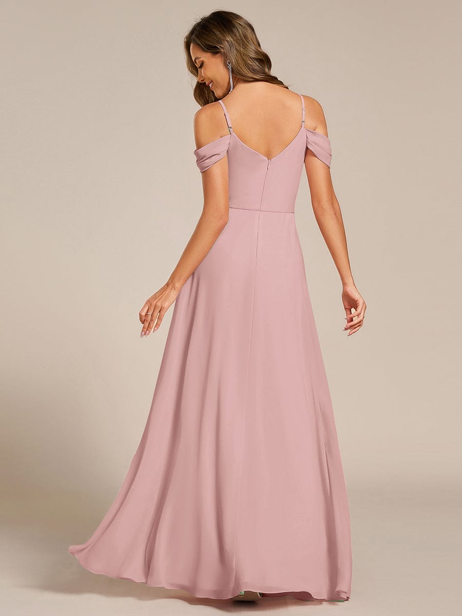 Robe d'invité de mariage trapèze en mousseline fluide à encolure ronde et longueur au genou #Couleur_Rose fumee