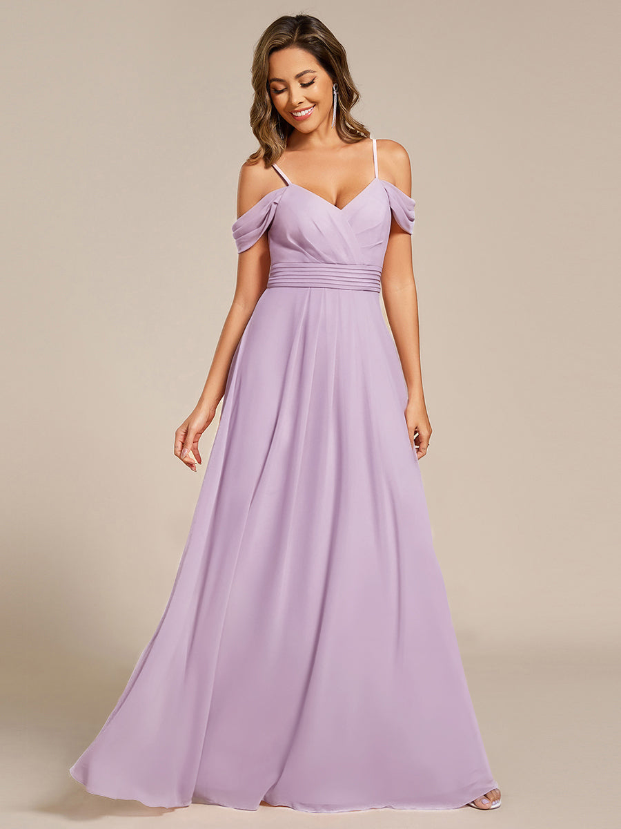 Robe d'invité de mariage trapèze en mousseline fluide à encolure ronde et longueur au genou #Couleur_Lilas Givré