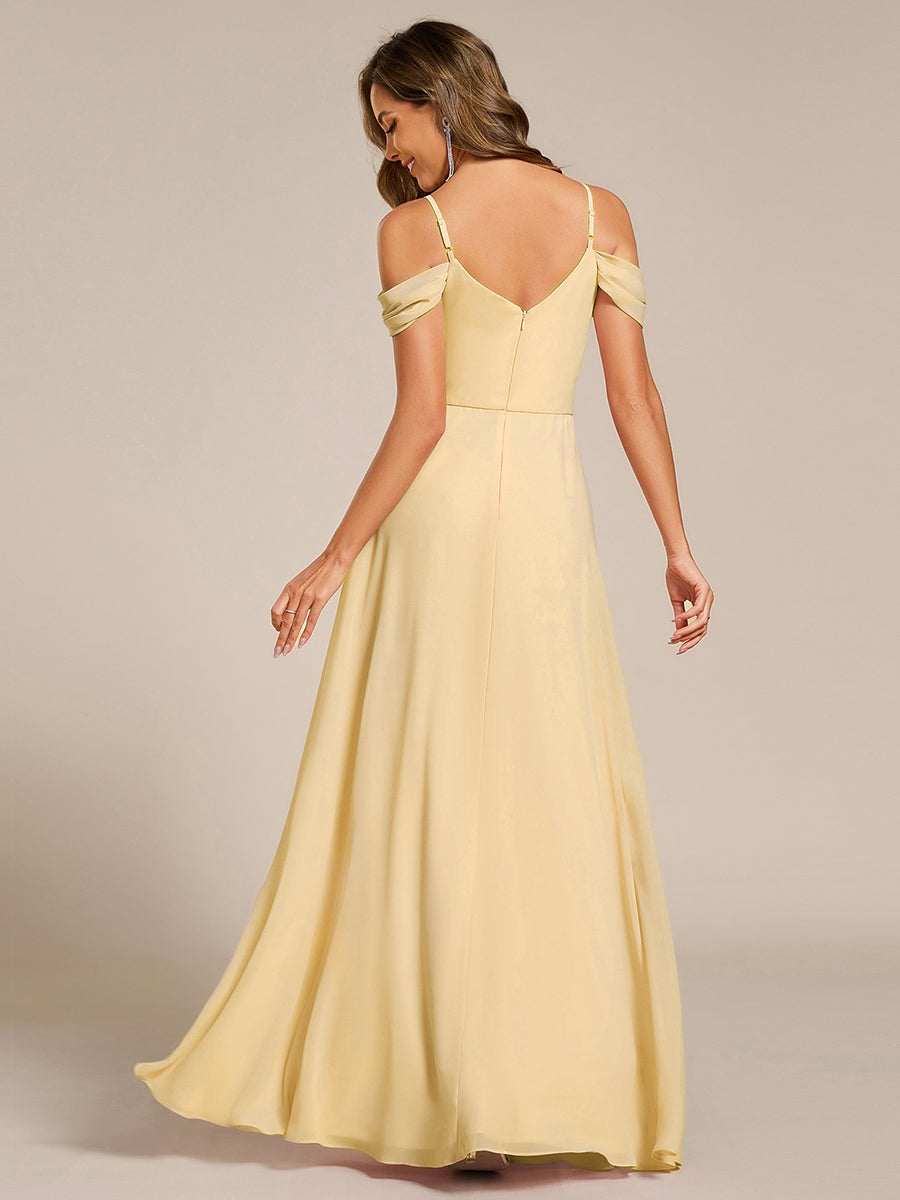 Robe d'invité de mariage trapèze en mousseline fluide à encolure ronde et longueur au genou #Couleur_Jaune