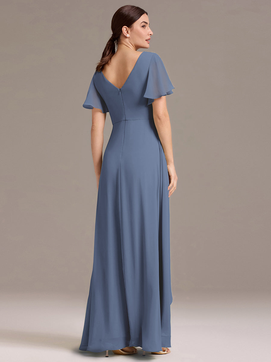 Robe de demoiselle d'honneur en mousseline à col en V et ourlet asymétrique #Couleur_Marine Fume