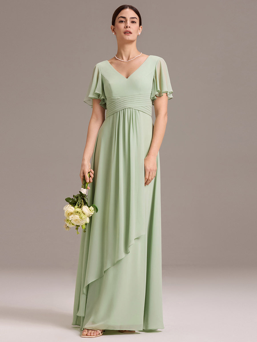 Robe de demoiselle d'honneur en mousseline à col en V et ourlet asymétrique #Couleur_Menthe Verte