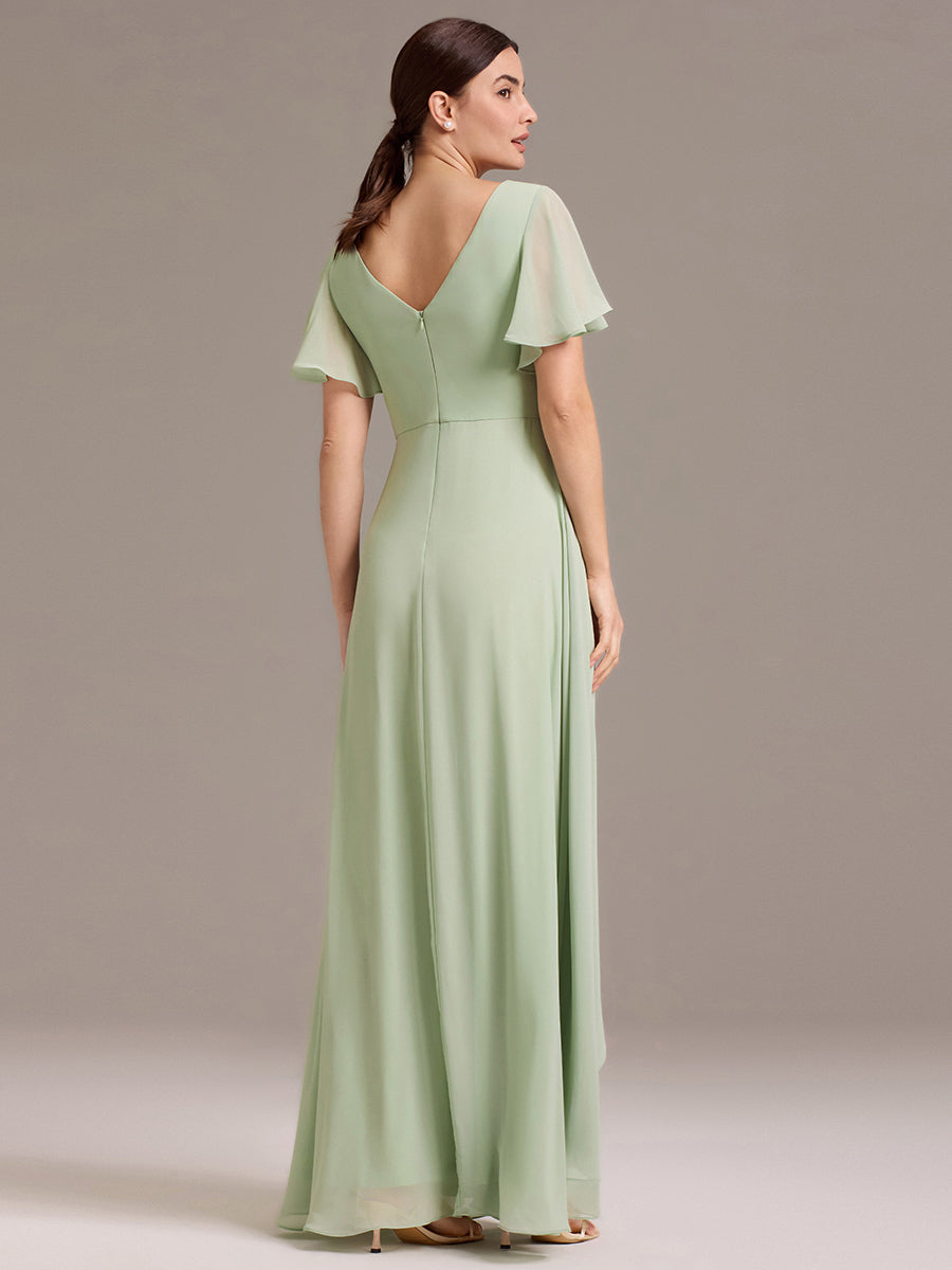 Robe de demoiselle d'honneur en mousseline à col en V et ourlet asymétrique #Couleur_Menthe Verte