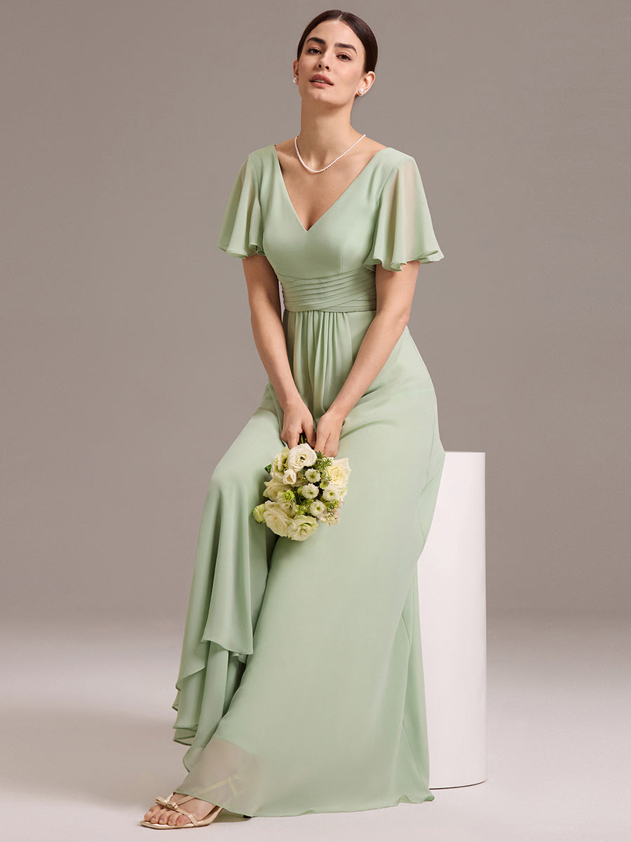 Robe de demoiselle d'honneur en mousseline à col en V et ourlet asymétrique #Couleur_Menthe Verte
