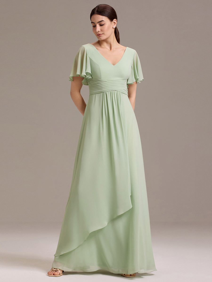 Robe de demoiselle d'honneur en mousseline à col en V et ourlet asymétrique #Couleur_Menthe Verte