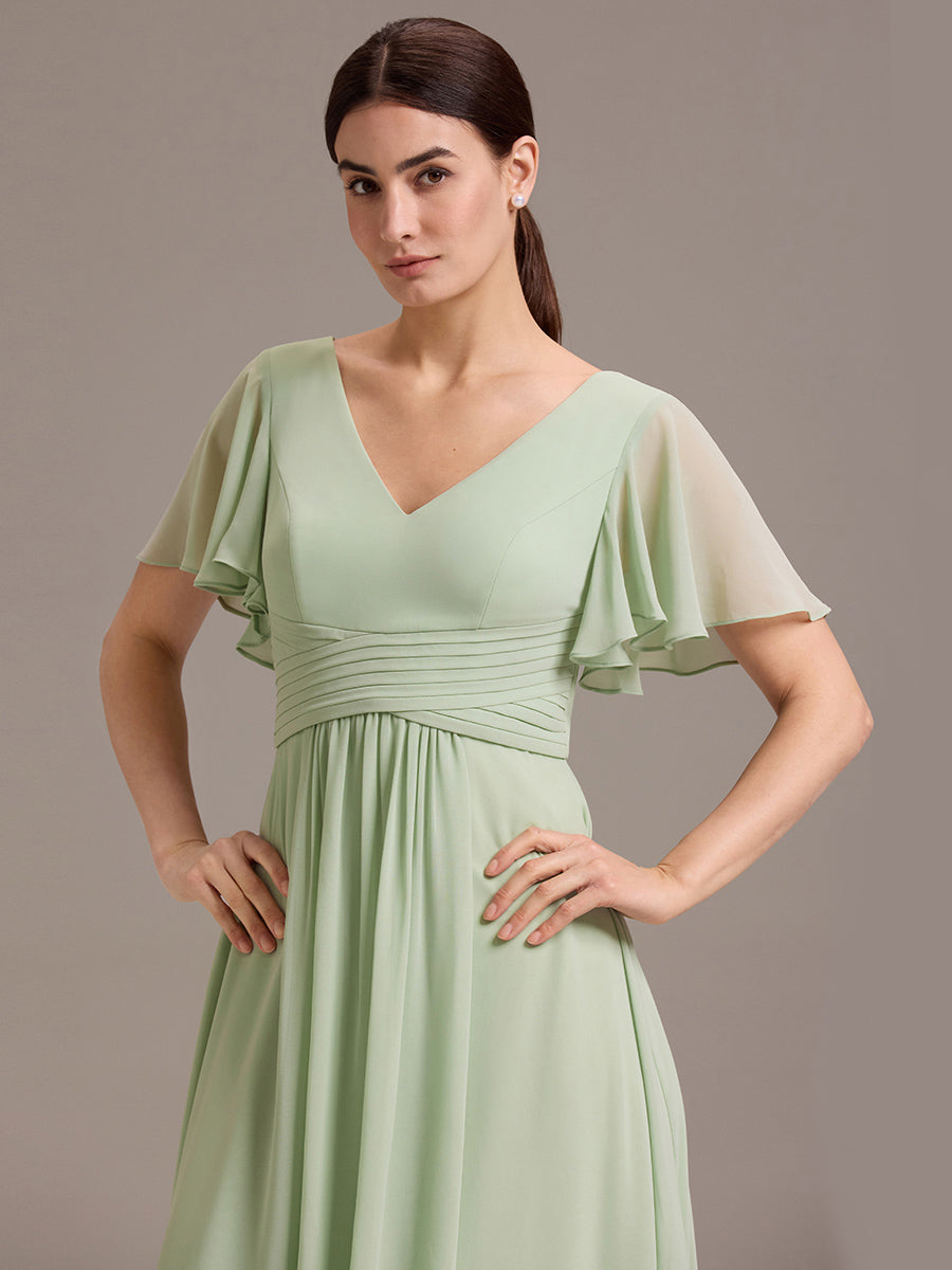 Robe de demoiselle d'honneur en mousseline à col en V et ourlet asymétrique #Couleur_Menthe Verte
