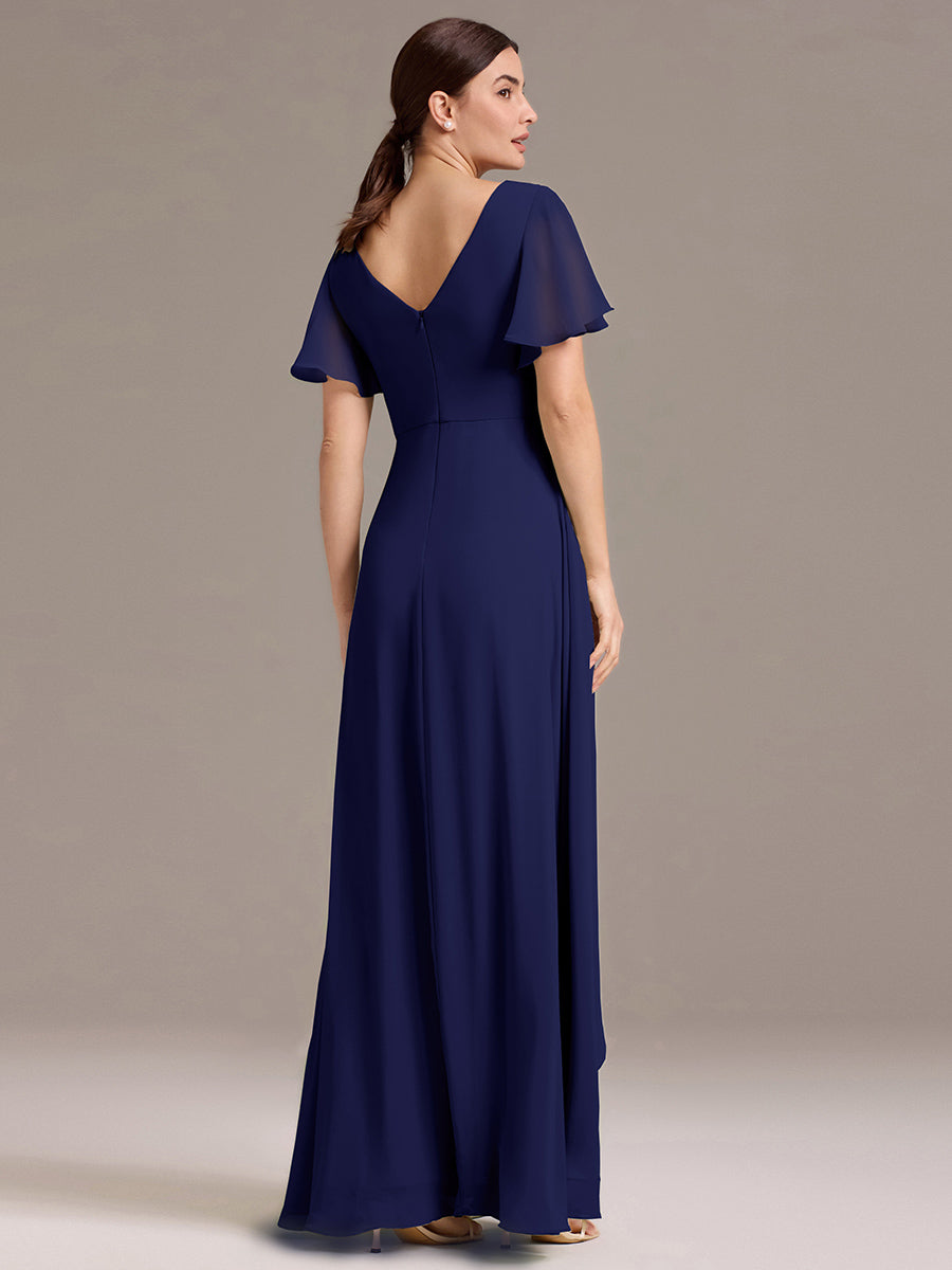 Robe de demoiselle d'honneur en mousseline à col en V et ourlet asymétrique #Couleur_Bleu Marine