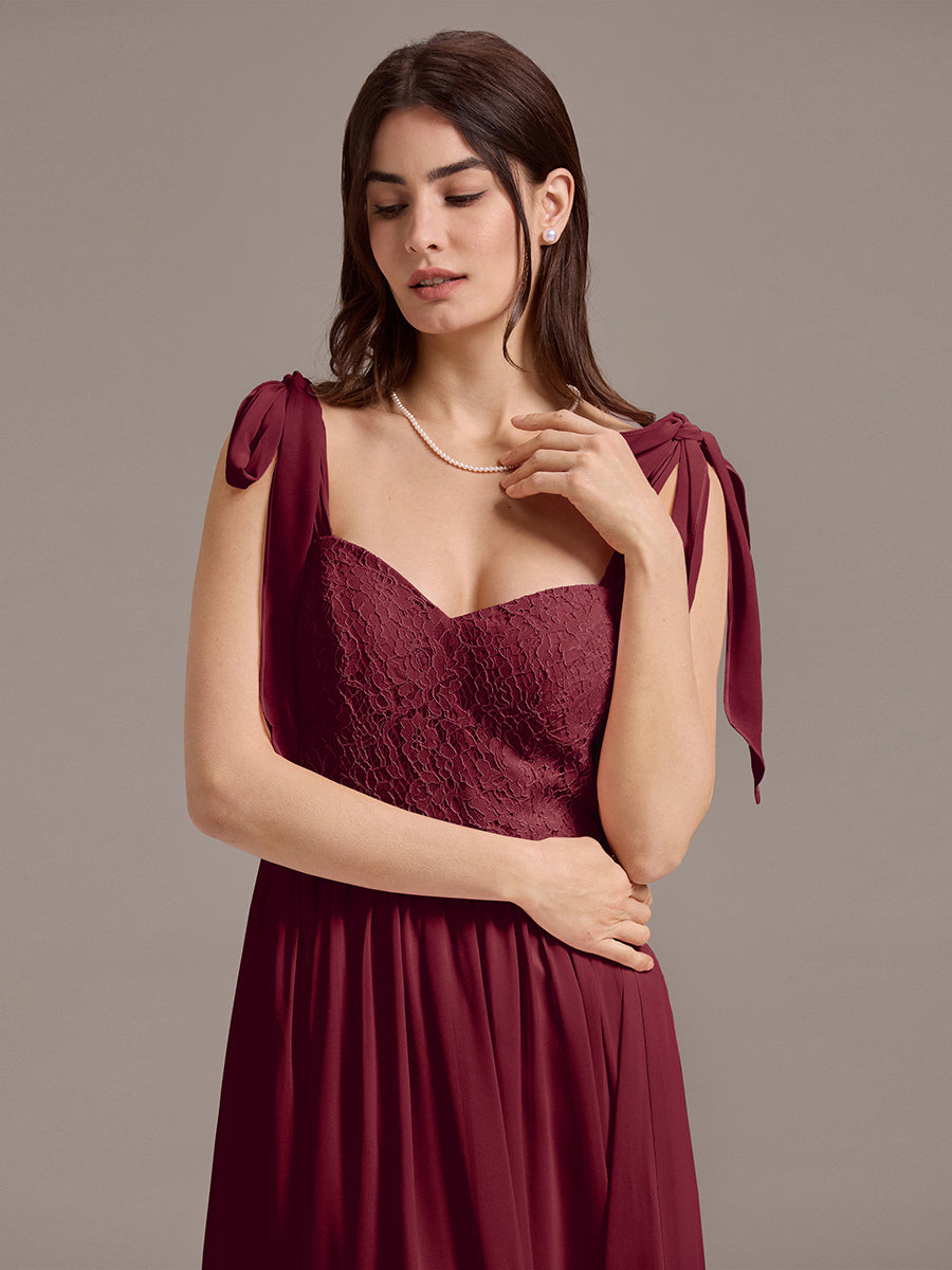 Robe de demoiselle d'honneur en mousseline de soie et dentelle à dos nu #Couleur_Bordeaux