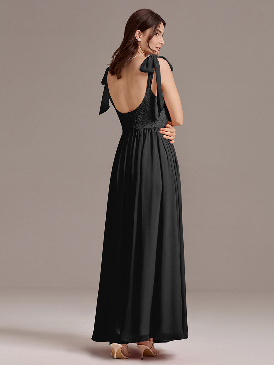 Robe de demoiselle d'honneur en mousseline de soie et dentelle à dos nu #Couleur_Noir