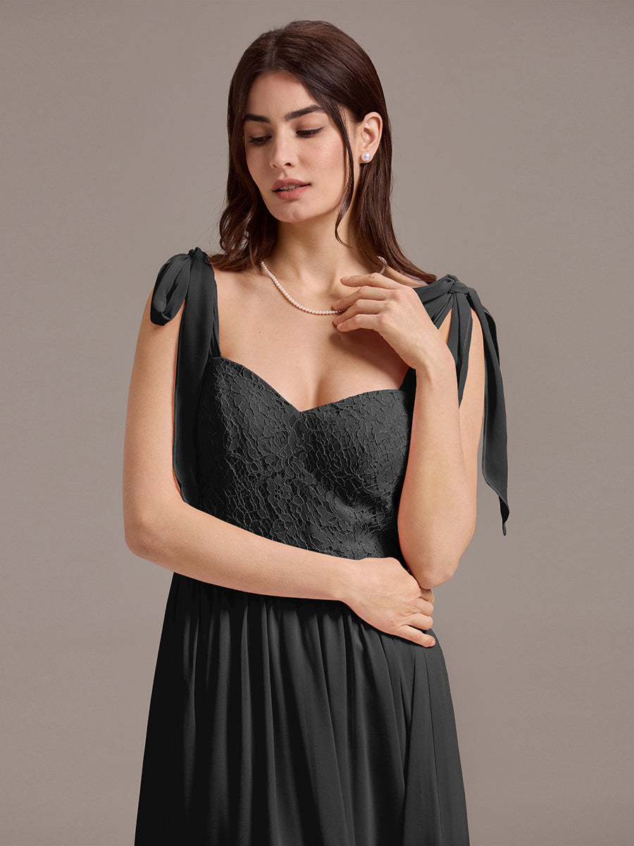 Robe de demoiselle d'honneur en mousseline de soie et dentelle à dos nu #Couleur_Noir