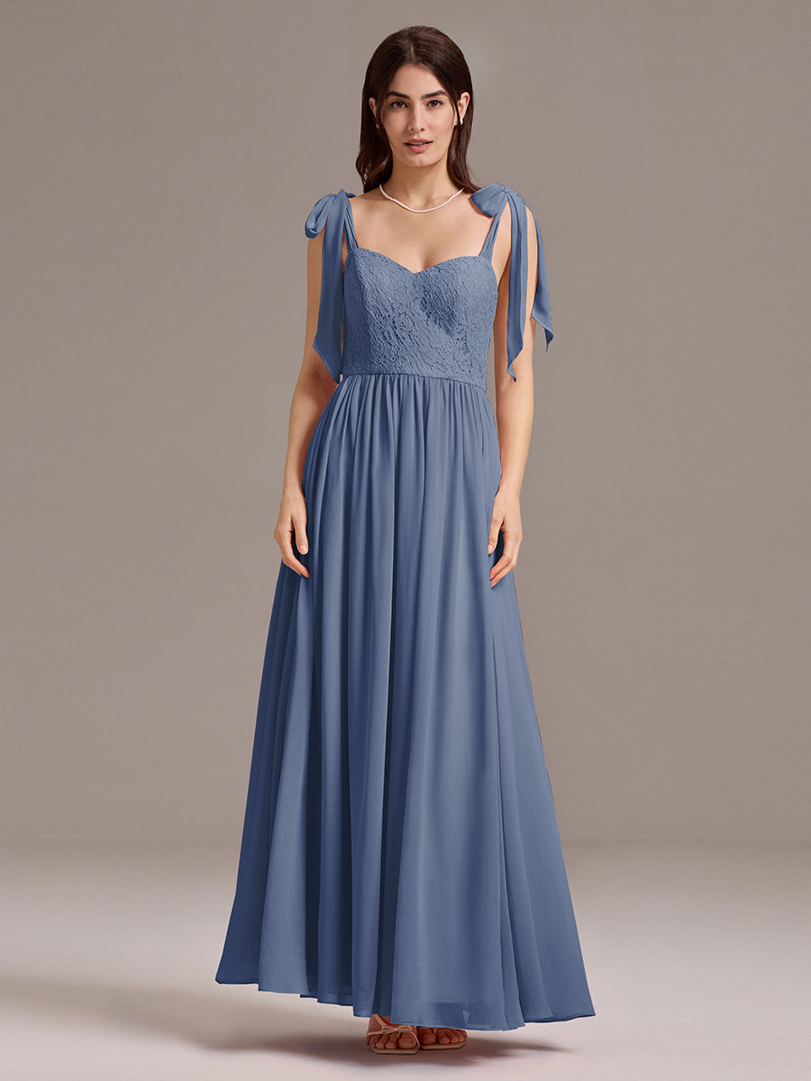 Robe de demoiselle d'honneur en mousseline de soie et dentelle à dos nu #Couleur_Marine Fume