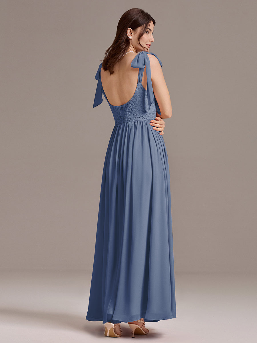 Robe de demoiselle d'honneur en mousseline de soie et dentelle à dos nu #Couleur_Marine Fume