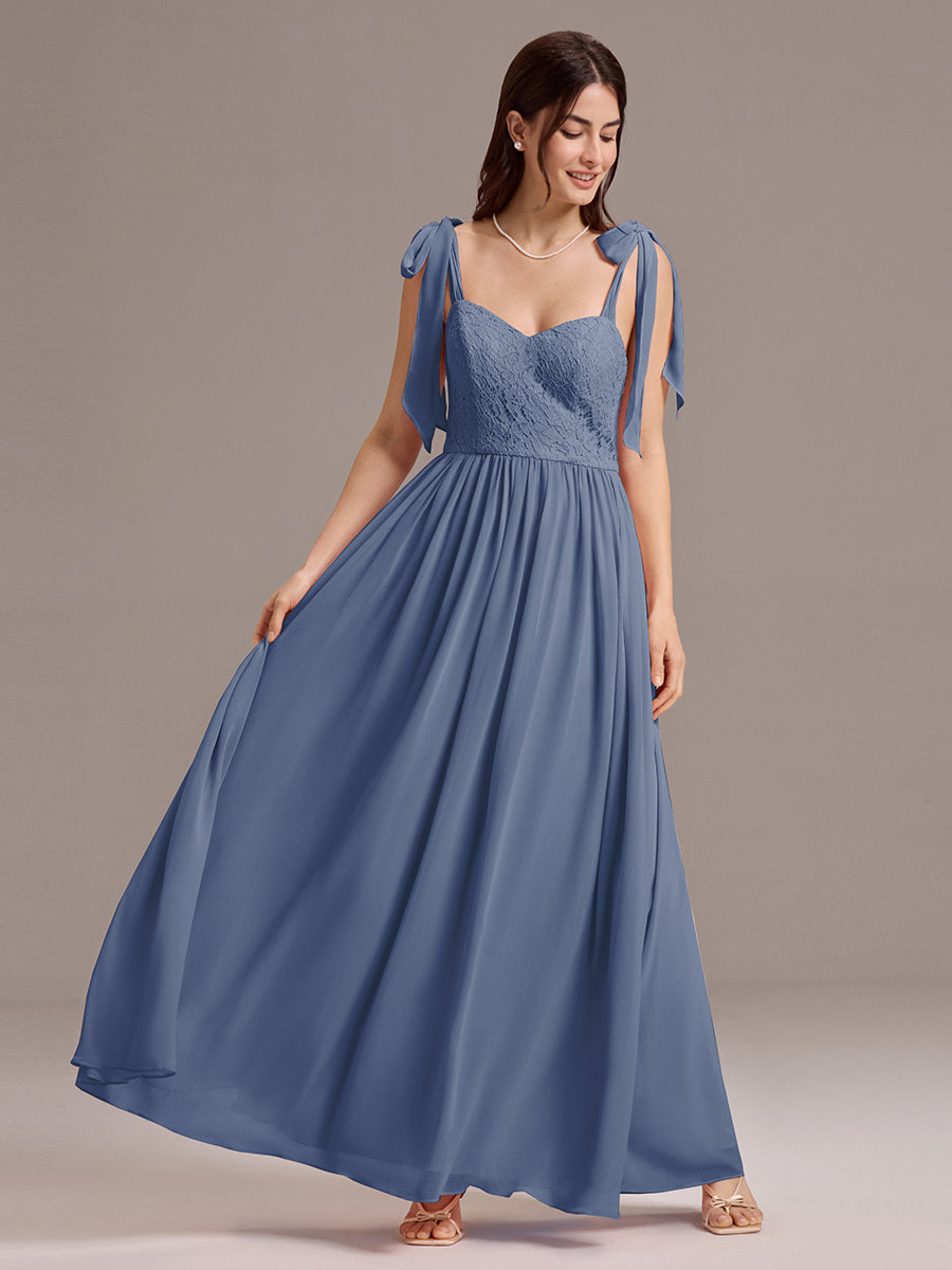 Robe de demoiselle d'honneur en mousseline de soie et dentelle à dos nu #Couleur_Marine Fume