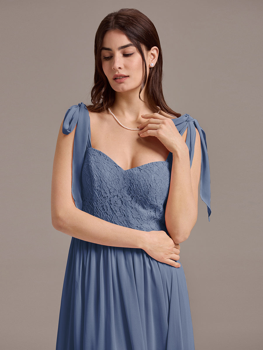 Robe de demoiselle d'honneur en mousseline de soie et dentelle à dos nu #Couleur_Marine Fume