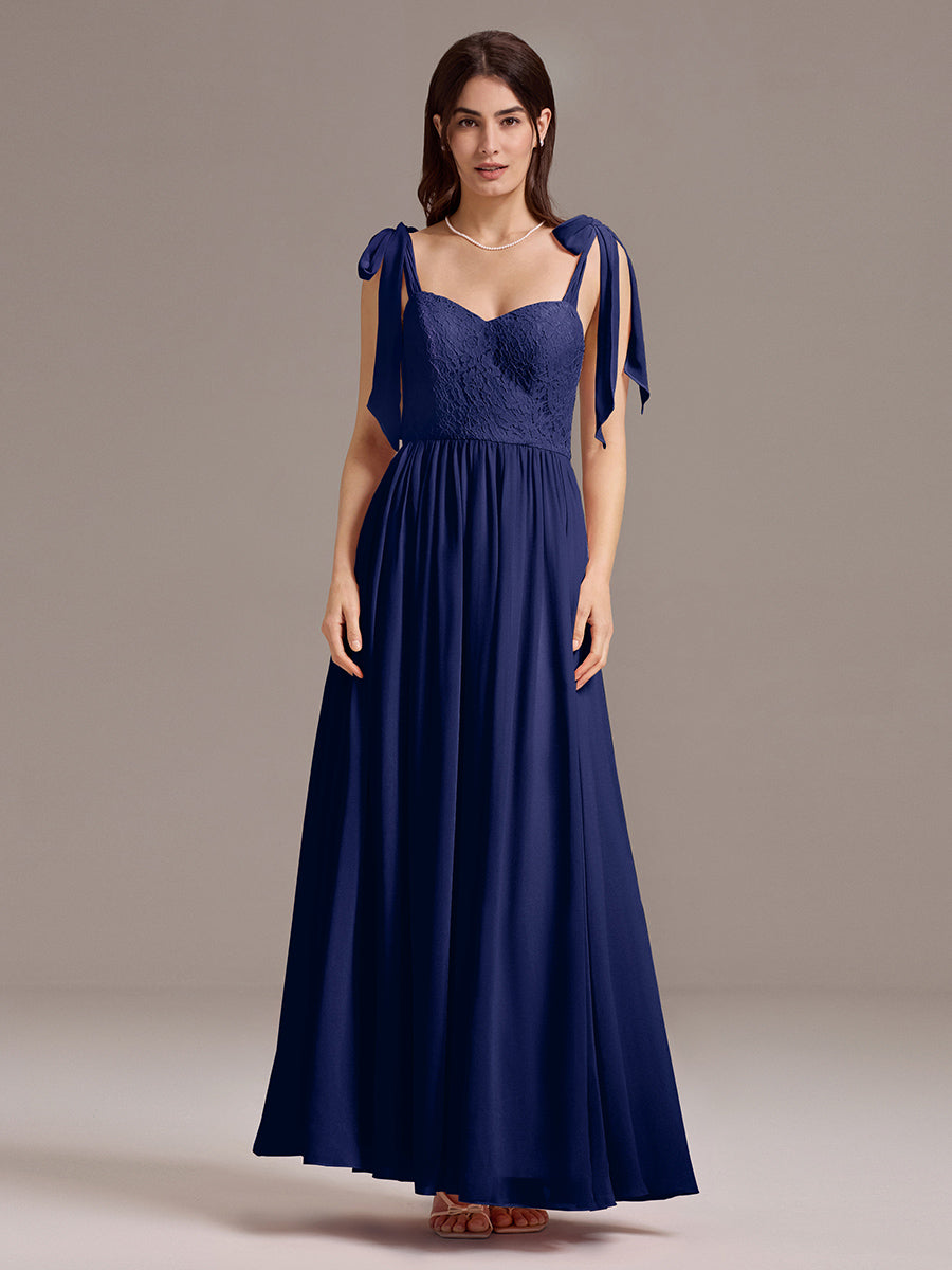 Robe de demoiselle d'honneur en mousseline de soie et dentelle à dos nu #Couleur_Bleu Marine