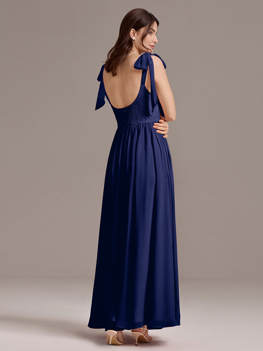 Robe de demoiselle d'honneur en mousseline de soie et dentelle à dos nu #Couleur_Bleu Marine