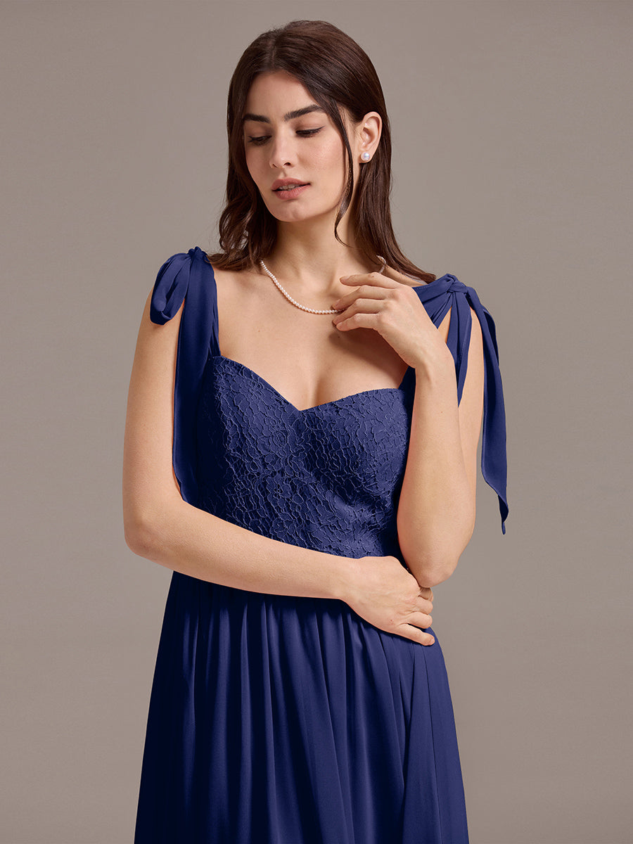 Robe de demoiselle d'honneur en mousseline de soie et dentelle à dos nu #Couleur_Bleu Marine