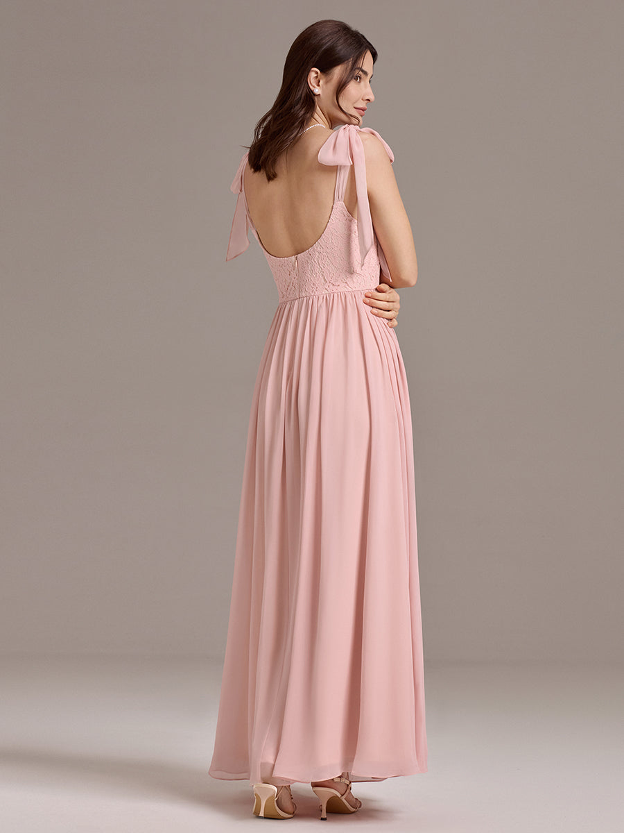 Robe de demoiselle d'honneur en mousseline de soie et dentelle à dos nu #Couleur_Rose