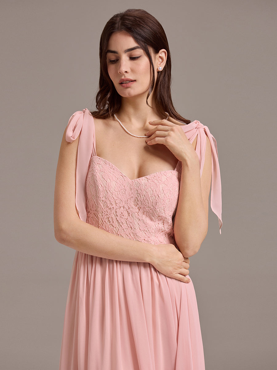 Robe de demoiselle d'honneur en mousseline de soie et dentelle à dos nu #Couleur_Rose