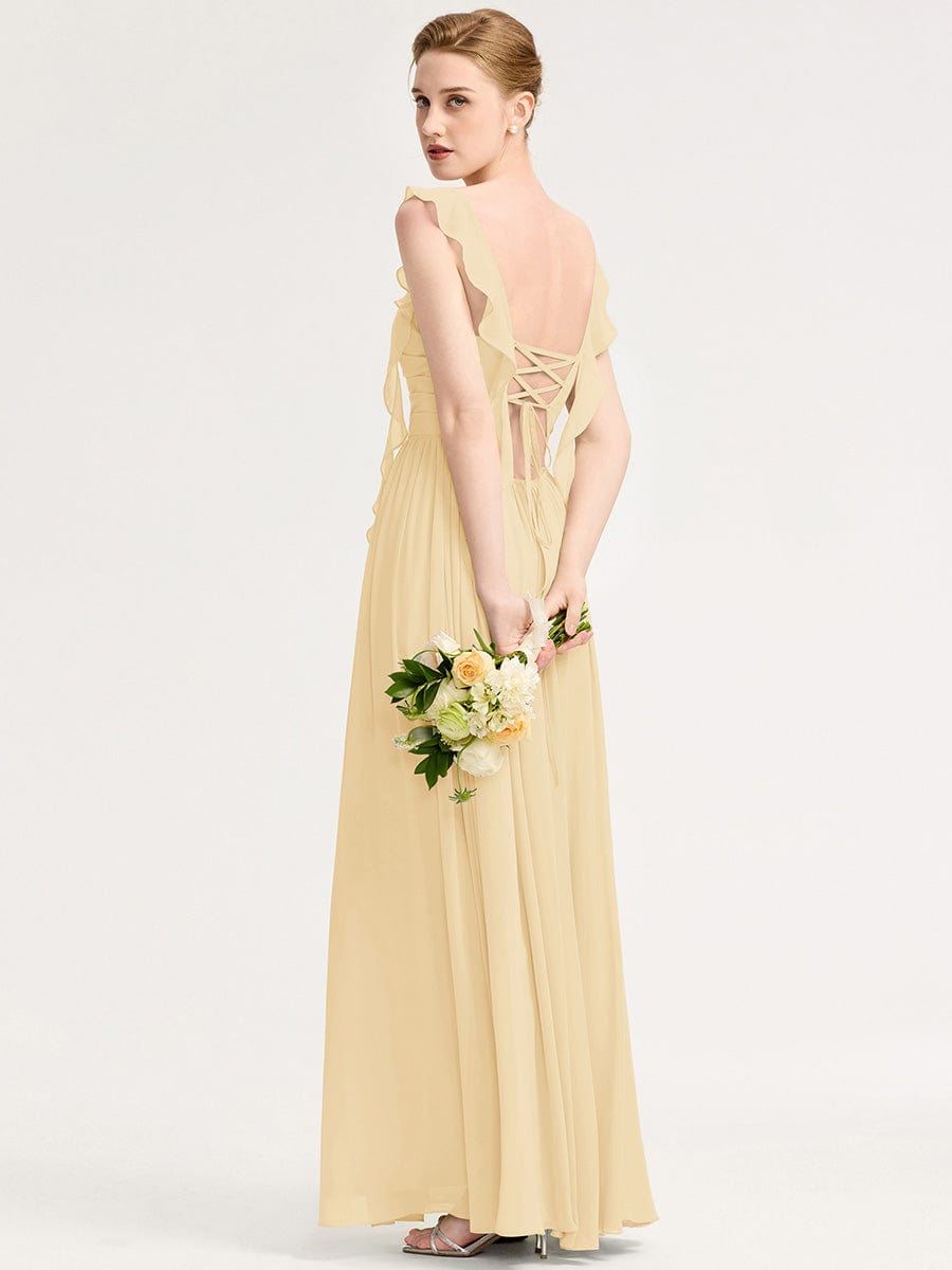 Robe d'invité de mariage trapèze en mousseline fluide à encolure ronde et longueur au genou #Couleur_Jaune