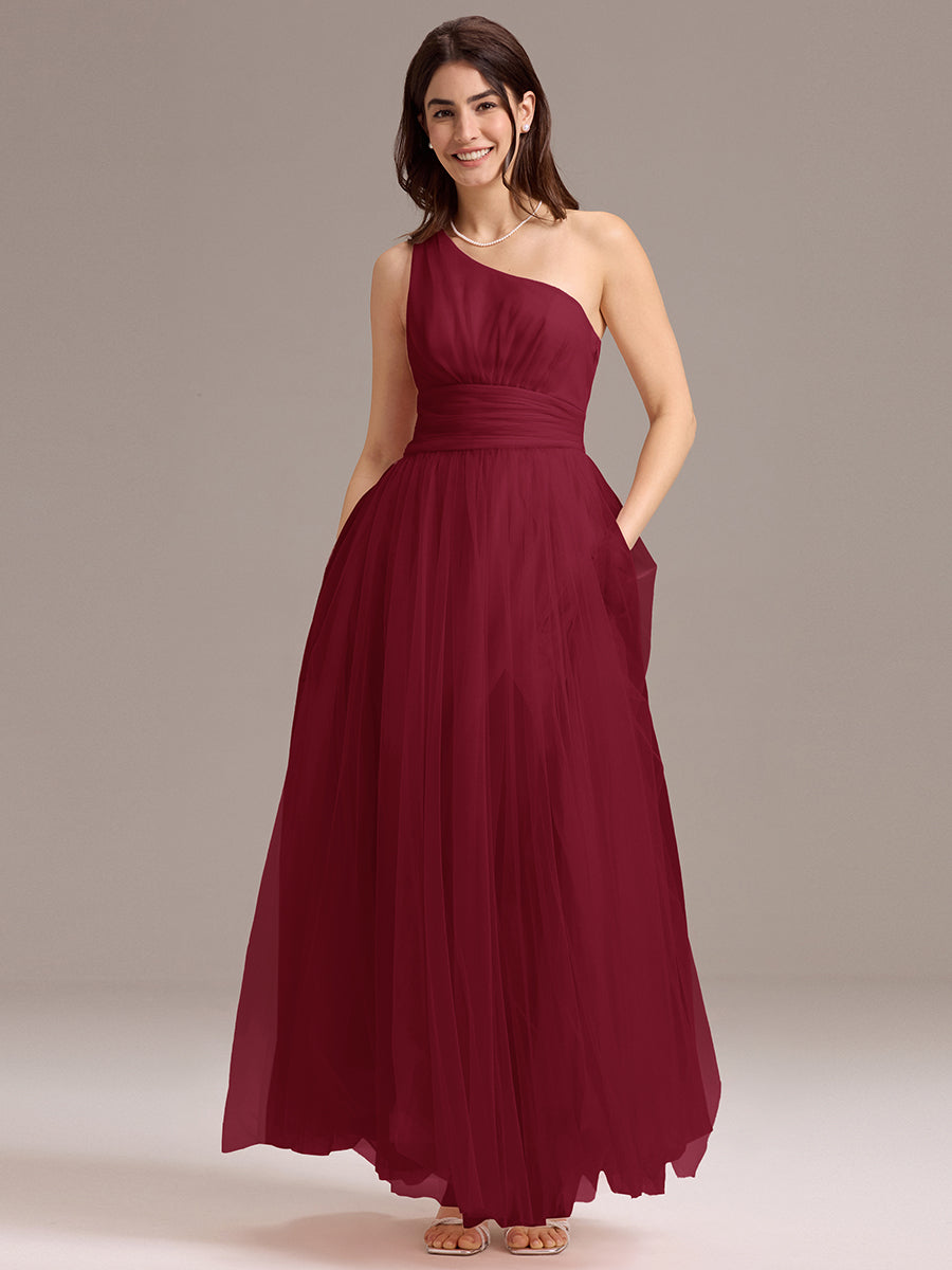 Robe de demoiselle d'honneur trapèze asymétrique en tulle à volants #Couleur_Bordeaux