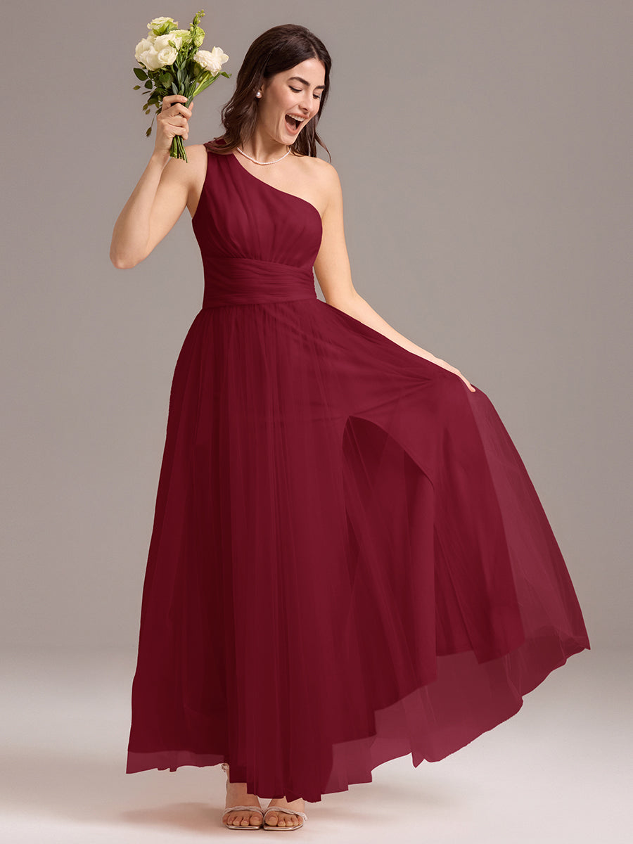Robe de demoiselle d'honneur trapèze asymétrique en tulle à volants #Couleur_Bordeaux