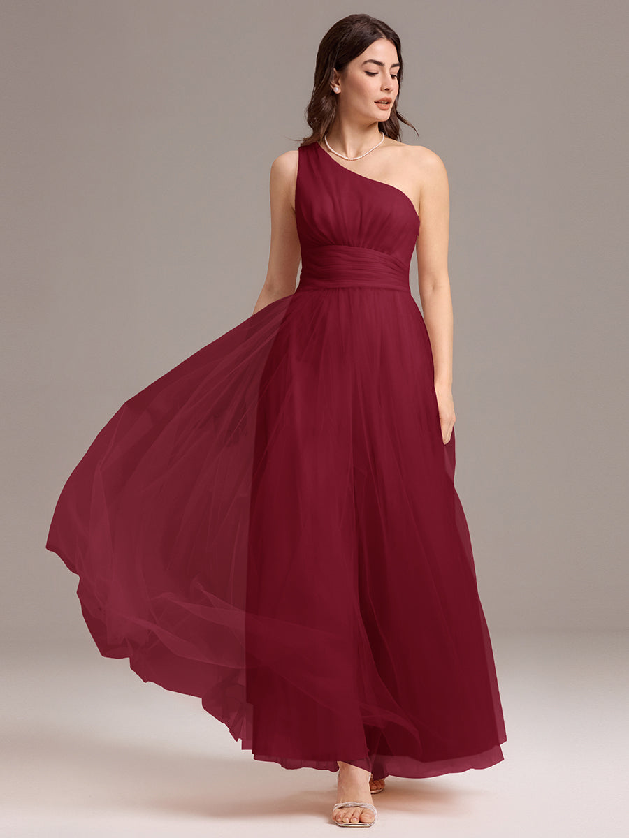 Robe de demoiselle d'honneur trapèze asymétrique en tulle à volants #Couleur_Bordeaux
