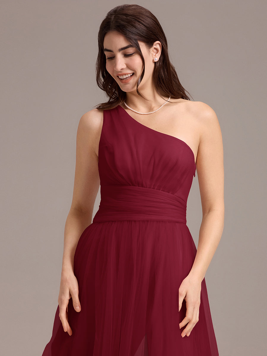 Robe de demoiselle d'honneur trapèze asymétrique en tulle à volants #Couleur_Bordeaux