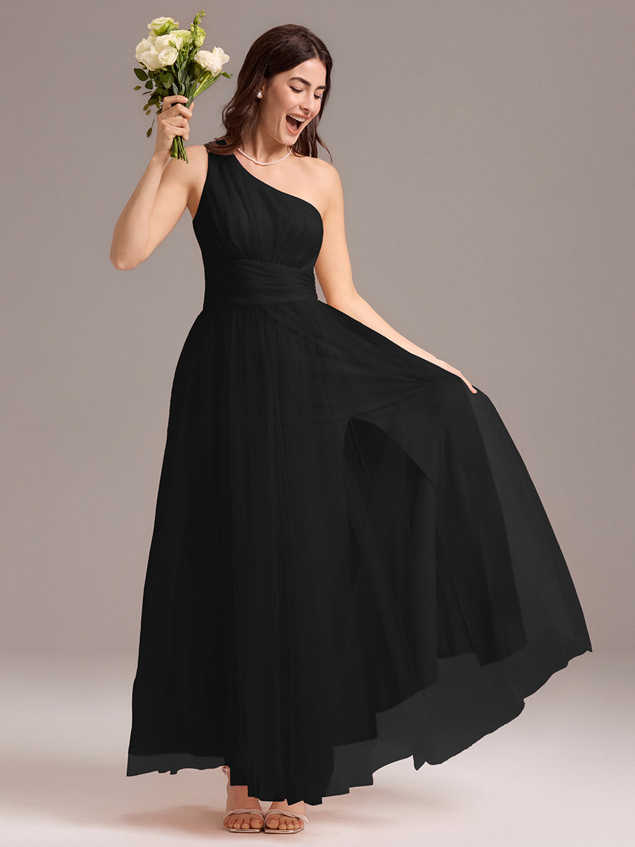 Robe de demoiselle d'honneur trapèze asymétrique en tulle à volants #Couleur_Noir