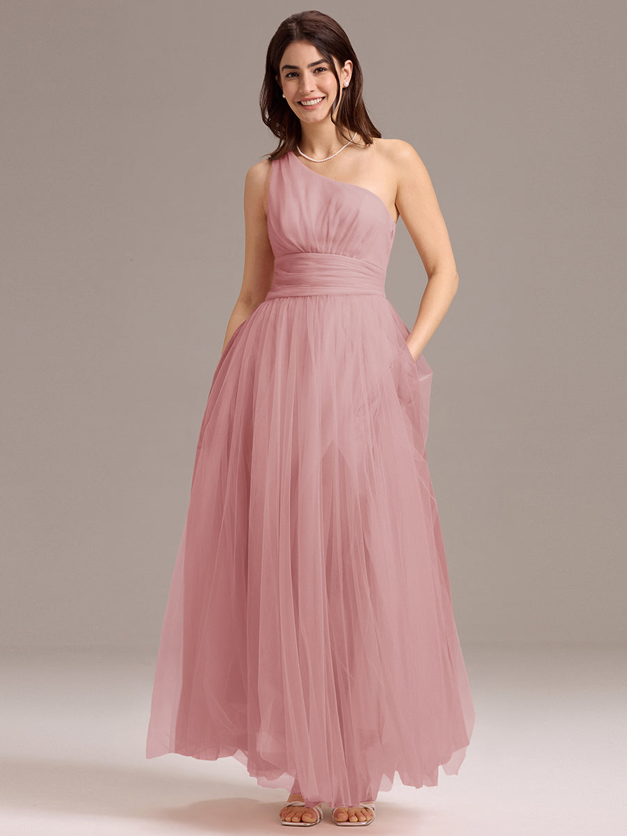 Robe de demoiselle d'honneur trapèze asymétrique en tulle à volants #Couleur_Rose fumee