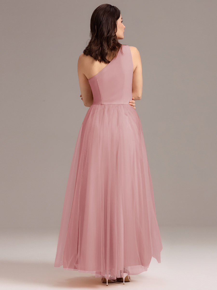 Robe de demoiselle d'honneur trapèze asymétrique en tulle à volants #Couleur_Rose fumee