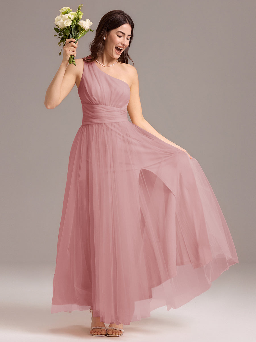 Robe de demoiselle d'honneur trapèze asymétrique en tulle à volants #Couleur_Rose fumee