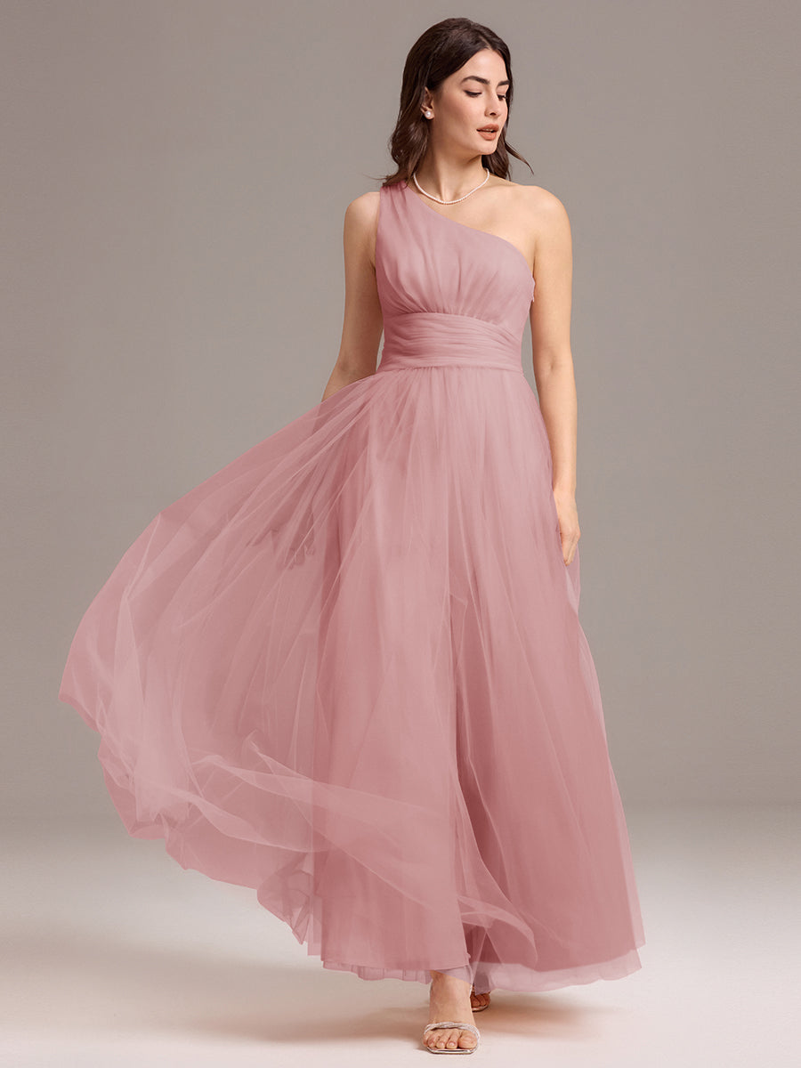 Robe de demoiselle d'honneur trapèze asymétrique en tulle à volants #Couleur_Rose fumee