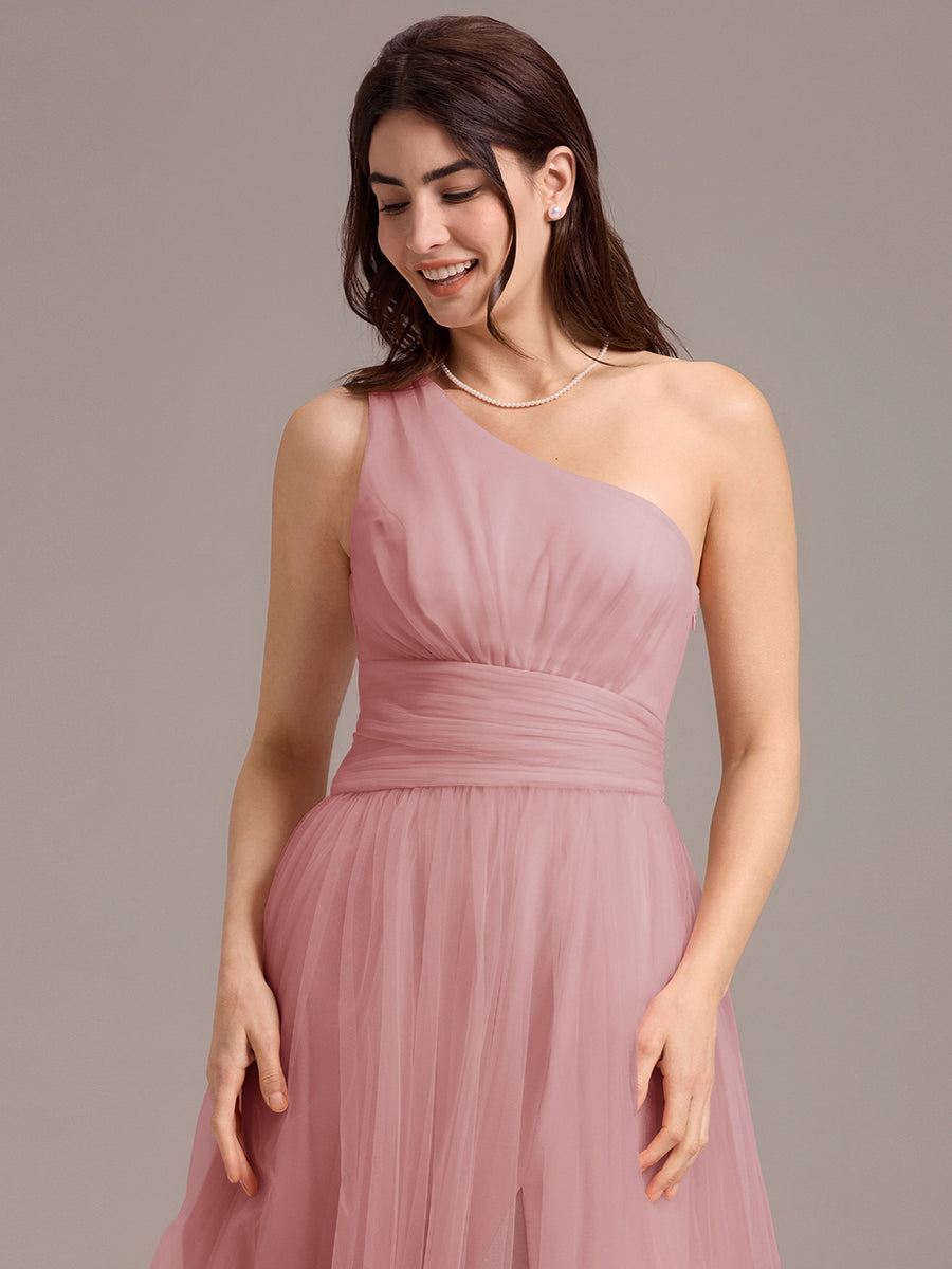 Robe de demoiselle d'honneur trapèze asymétrique en tulle à volants #Couleur_Rose fumee