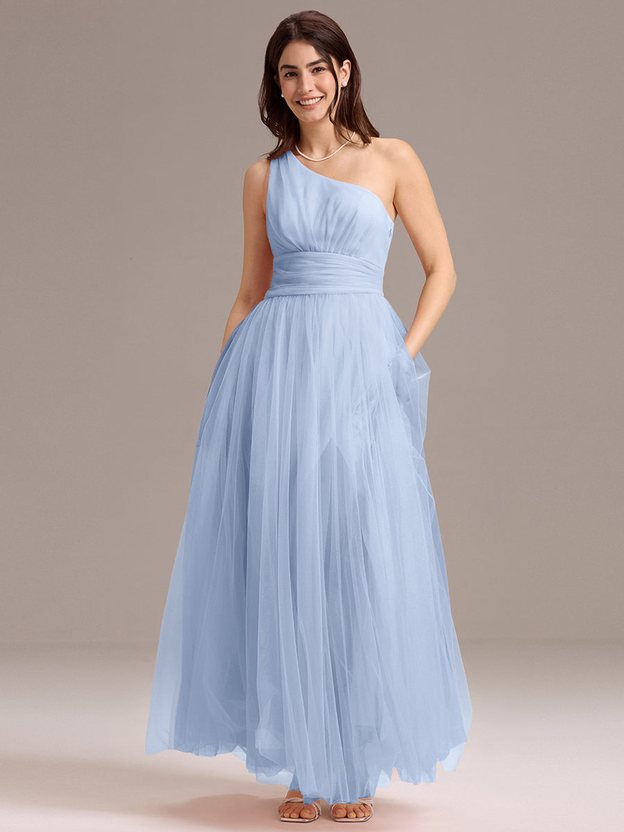 Robe de demoiselle d'honneur trapèze asymétrique en tulle à volants #Couleur_Bleu Glace