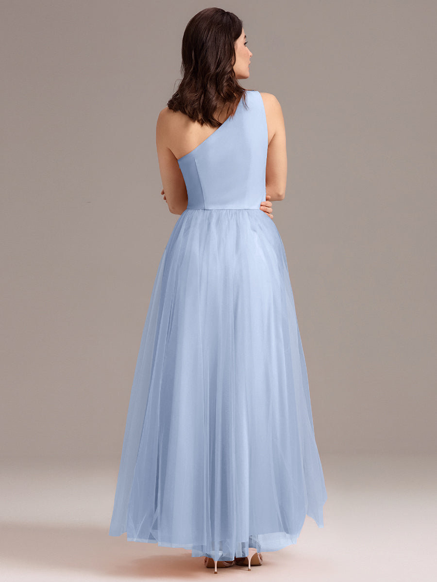 Robe de demoiselle d'honneur trapèze asymétrique en tulle à volants #Couleur_Bleu Glace
